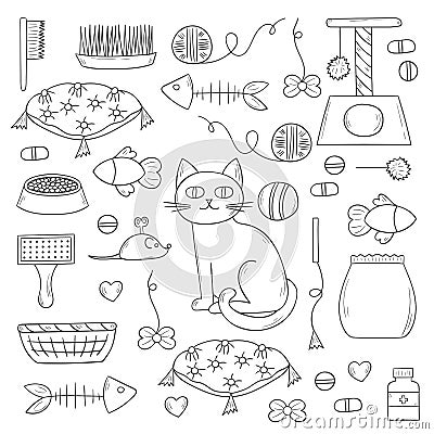 Vector hand drawn cat care things Vector Illustration
