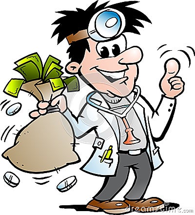 Vector Cartoon illustration of a Happy Doctor holding a Moneybag Vector Illustration