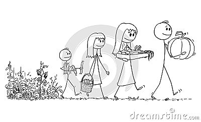 Vector Cartoon Illustration of Happy Family of Mother, Father, Boy and Girl Carrying Crop from Vegetable Farm or Garden Vector Illustration