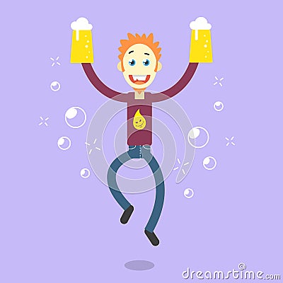 Vector cartoon illustration of a happy guy with beer glasses Cartoon Illustration