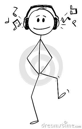 Vector Cartoon Illustration of Happy Man Walking With Big Headphones Listening Music Vector Illustration