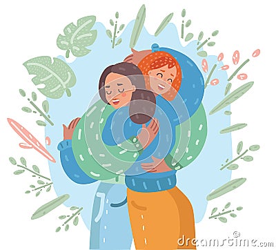 Happy meeting of two friends hugging. Vector Illustration
