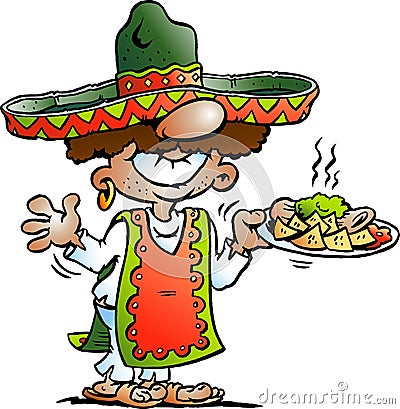 Vector Cartoon illustration of a Happy Mexican standing with some Tarco Food Vector Illustration