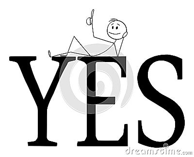 Vector Cartoon Illustration of Happy Positive Man Lying on Big Yes Sign and Showing Thumb Up Vector Illustration