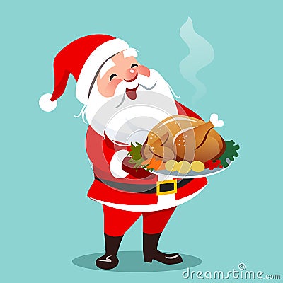 Vector cartoon illustration of happy smiling Santa Claus standing holding roasted turkey with vegetables on a platter. Christmas Cartoon Illustration