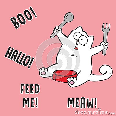 Vector cartoon illustration of hungry fat white cat with spoon, fork, empty red bowl, comic bubble drawn with a tablet Vector Illustration