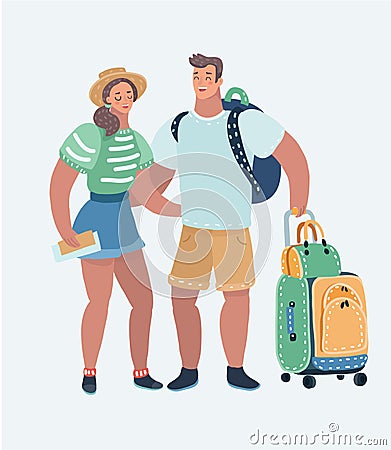 Young loving couple traveling. Vector Illustration