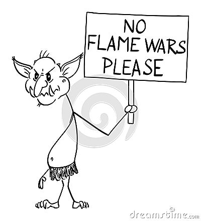 Vector Cartoon Illustration of Internet Troll, Online Virtual Hater Holding No Flame Wars Please Sign Vector Illustration