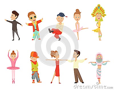 Vector cartoon illustration of little graceful girls-dancer and happy hipster boys isolated on white. Set of little Vector Illustration