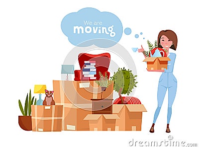 Vector cartoon illustration of loader mover woman in uniform carrying box. Pile of stacked cardboard boxes with stuff. Concept for Cartoon Illustration
