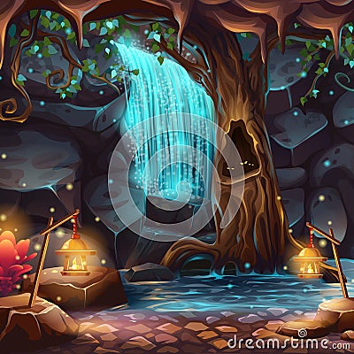 Vector cartoon illustration of a magical waterfall Vector Illustration