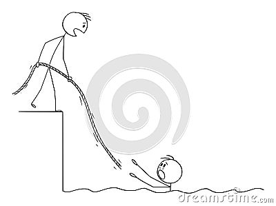 Vector Cartoon Illustration of Man or businessman Drowning in Water, Another Man is Helping Him, Giving Him Rope. Vector Illustration