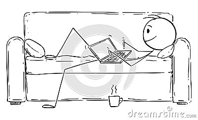Vector Cartoon Illustration of Man or Businessman Lying on Couch or Sofa and Working or Typing on Computer. Concept of Vector Illustration