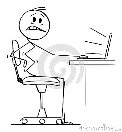 Vector Cartoon Illustration of Man or Businessman or Office Worker Suffering Pain in Back While Working on Computer Vector Illustration