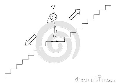 Vector Cartoon Illustration of Man or Businessman Thinking on Stairs, Choosing Up or Down Direction. Concept of Career Vector Illustration