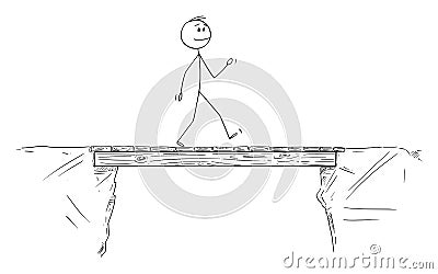 Vector Cartoon Illustration of Man or Businessman Walking and Crossing the Bridge Vector Illustration