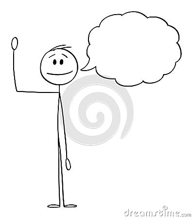 Vector Cartoon Illustration of Man or Businessman Waving his Hand and Greeting with Empty Speech Bubble or Text Balloon Vector Illustration