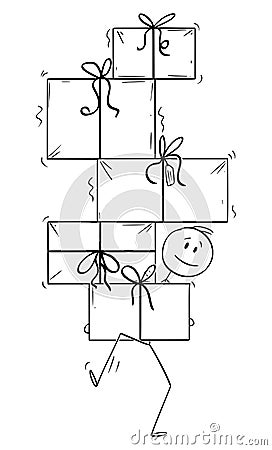 Vector Cartoon Illustration of Man Carrying or Balancing Big Pile of Christmas or Birthday Gifts Vector Illustration