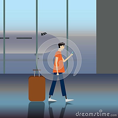 Vector illustration of a man carrying a luggage at the airport Vector Illustration