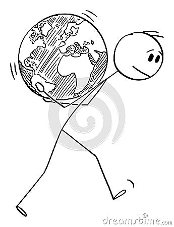 Vector Cartoon Illustration of Man Carrying Planet Earth Globe on His back. Concept of Responsibility, Environmental Vector Illustration