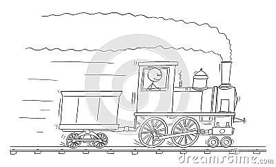 Vector Cartoon Illustration of Man or Engineer Driving Steam Train Engine or Locomotive Running on Railroad Track Vector Illustration