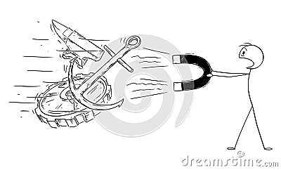 Vector Cartoon Illustration of Man Holding Big Magnet Attracting Big Pieces of Old Scrap Metal Like Anvil, Anchor and Vector Illustration