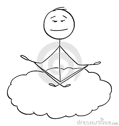 Vector Cartoon Illustration of Man Meditating on Cloud. Relaxation ans Lifestyle Concept Vector Illustration