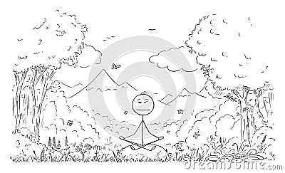 Vector Cartoon Illustration of Man Meditating Surrounded by Nature, Forest, Plants, Flowers, Birds and Butterflies Vector Illustration