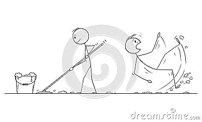 Vector Cartoon Illustration of Man Mopping or Cleaning the Floor, Another Man Slipped on the Wet Floor Vector Illustration