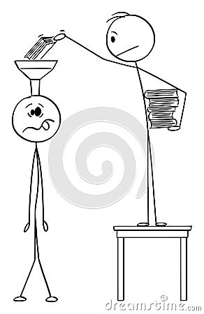 Vector Cartoon Illustration of Man Putting Books in to Head or Brain of Uneducated or Ignorant Person. Concept of Vector Illustration