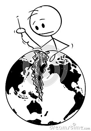 Vector Cartoon Illustration of Man Sewing the Broken or Divided Earth or Globe or World. Concept of Peacemaking and Vector Illustration