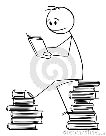 Vector Cartoon Illustration of Man Sitting on Pile of Books and Reading a Book Vector Illustration