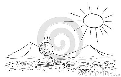 Vector Cartoon Illustration of Man, Tourist or Traveler Creeping or Crawling on the Hot Sand Desert on Sun Vector Illustration