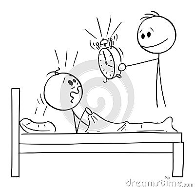 Vector Cartoon Illustration of Man Wake Up Too Early By Another Man With Alarm Clock Vector Illustration