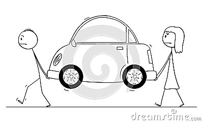 Vector Cartoon Illustration of Man and Woman Carrying Broken Car or Car Out of Fuel or Electric Power Vector Illustration