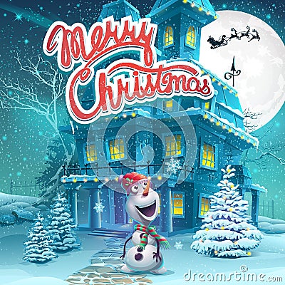 Vector cartoon illustration Marry Christmas background. Bright image to create original video or web games, graphic design, screen Vector Illustration