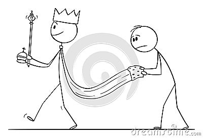 Vector Cartoon Illustration of Medieval or Fantasy King Walking with Servant Holding His Robe Vector Illustration