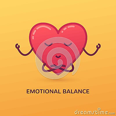 Vector cartoon illustration of meditating heart. Emotional balance card. Vector Illustration