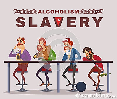 Vector cartoon illustration of men with alcohol addiction, metaphor Vector Illustration