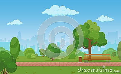 Vector cartoon illustration of a modern empty city park with skyscrapers buildings background. Vector Illustration