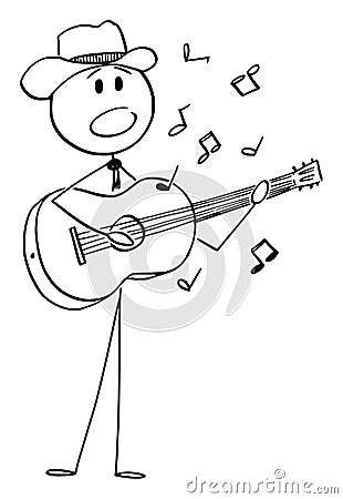 Vector Cartoon Illustration of Musician or Singer in Cowboy Hat Playing Country Music or Blues on a Guitar and Singing Vector Illustration