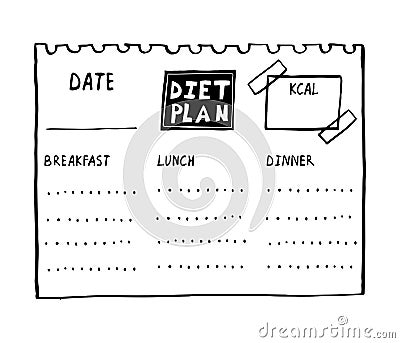 Vector cartoon illustration of nutrition plan. Hand drawn diet plan in doodle style for breakfast, lunch and dinner. Healthy meal Vector Illustration
