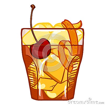 Vector Cartoon Illustration - Old Fashioned Cocktail with Cherry and Orange Peel Vector Illustration