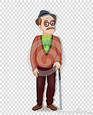 Elderly full length man with glasses and walking cane Vector Illustration