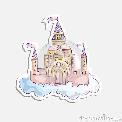 Vector cartoon illustration of pink princess magic castle in clouds. pink princess magic castle in blue clouds, with Vector Illustration