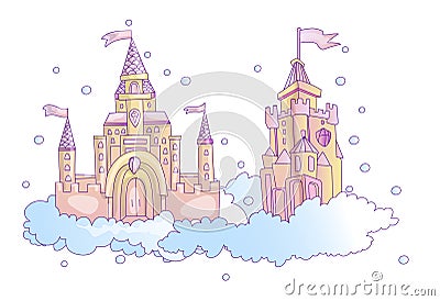 Vector cartoon illustration of pink princess magic castle in clouds. pink princess magic castle in blue clouds, with Vector Illustration