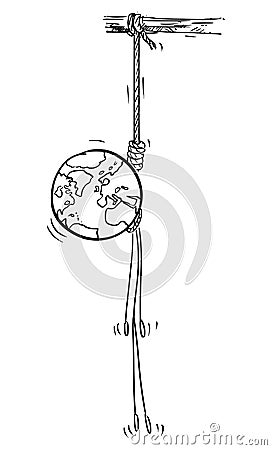 Vector Cartoon Illustration of Planet Earth Hanged on Rope. Environmental concept Vector Illustration
