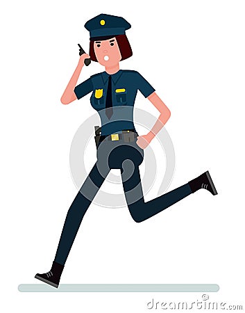 Vector cartoon flat illustration of a police woman running after the criminal. Illustration isolated on white background Vector Illustration