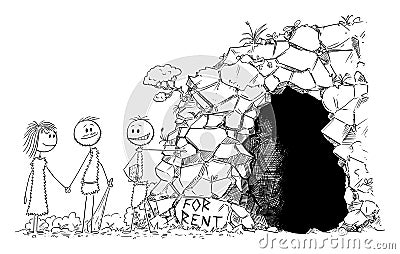 Vector Cartoon Illustration of Prehistoric Man or Caveman Realtor or Estate Agent Showing Cave for Rent to Young Couple Vector Illustration