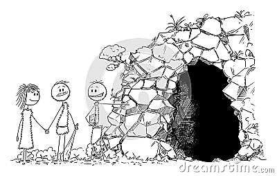 Vector Cartoon Illustration of Prehistoric Man or Caveman Realtor or Estate Agent Showing Cave to Young Couple Vector Illustration